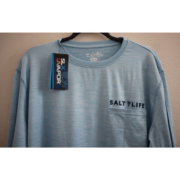 Salt Life Men's Sz L Sky Blue Heather Marlin Sinker Performance L/S Pocket Tee - Picture 4 of 8